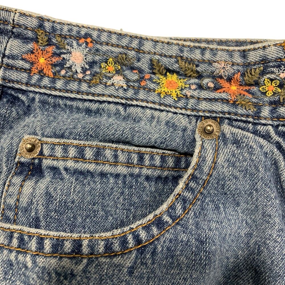Vintage Route 66 Floral Embroidered Trim Denim Midi Skirt 6 Y2K Boho Festival - Picture 3 of 7